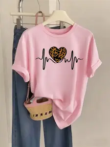 Women's Crew Neck Short Sleeve Tee Leopard Heartbeat Print Multiple Colors Available Oversized Flattering Fit Soft Breathable Cotton Blend Washable No Shrink No Fade All-Season Versatile Base Tee for Commute Date Daily Casual
