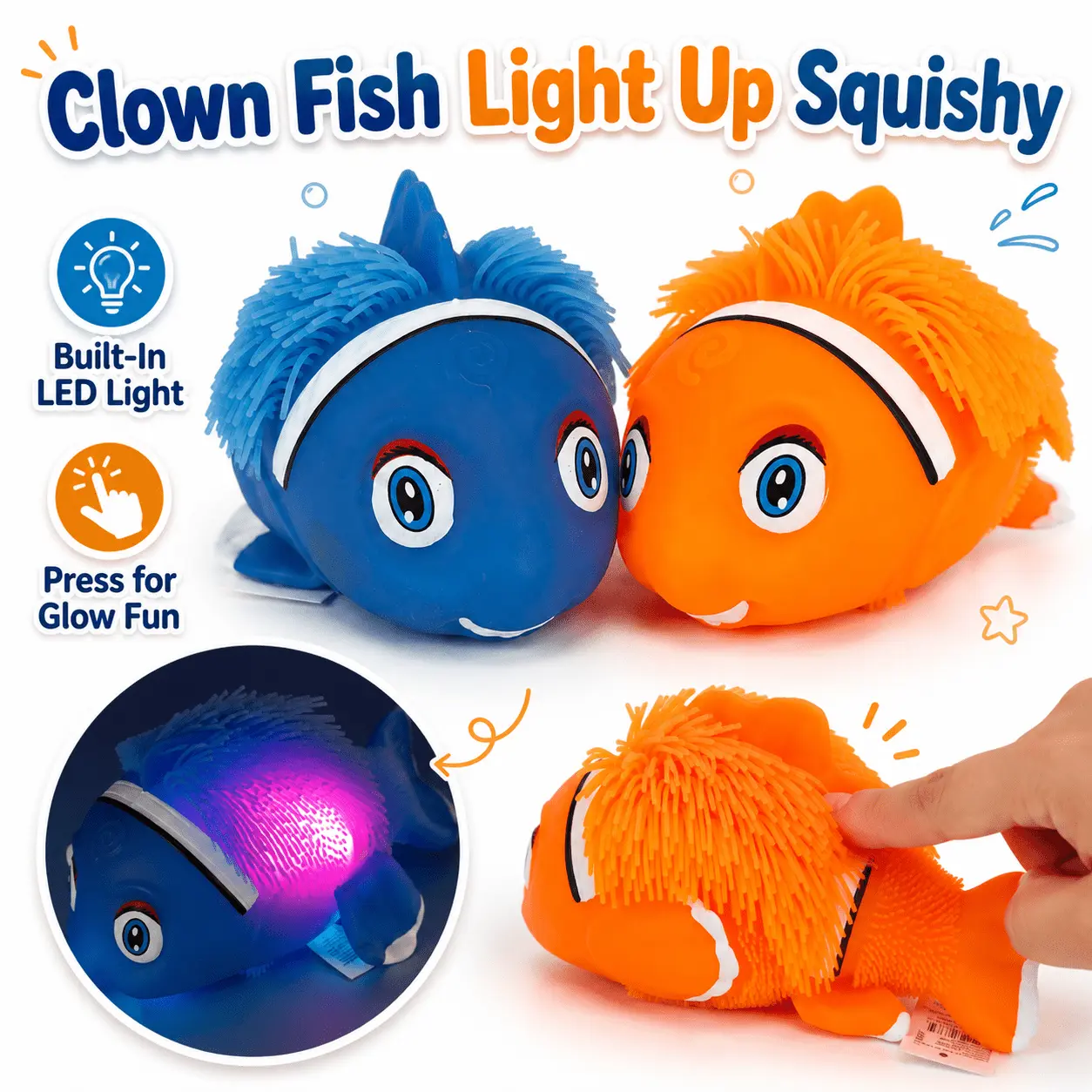 Cute Random Color Select Shaggy Clown Fish Puffer Squishy Toy – Anti Stress Anti Anxiety De Stress Soft Stretchy Sensory Fidget Stress Relief Animal Squishy Toy for Kids, Teens & Adults RANDOM COLOR