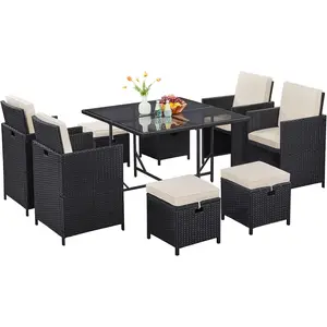 Yaheetech 9-Piece Patio Dining Sets, Outdoor Space Saving Rattan Chairs with Glass Table, Wicker Sectional Conversation Furniture Set with Removeable Cushions, Black/Beige