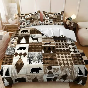 3-piece bedding set - Brown and white animal forest geometric patchwork down comforter set (1 comforter cover + 2 pillowcases, filling not included) - A gift for family and friends, soft and comfortable, suitable for family bedrooms and guest rooms.