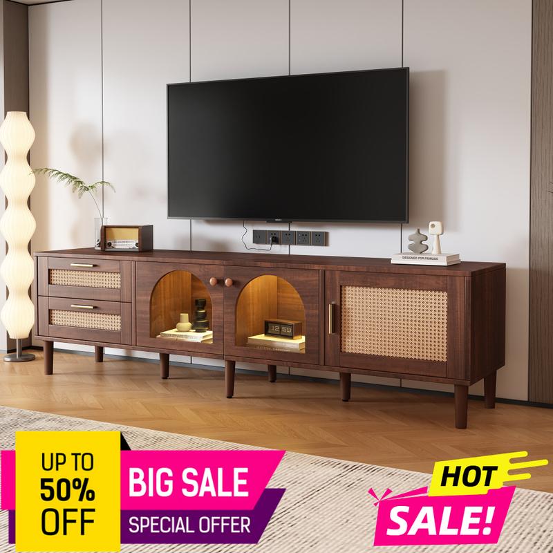 Rattan TV Stand for 80'' TVs – LED Media Console with Storage, Modern Entertainment Center with 3Cabinets &2 Drawers for Living Room & Bedroom