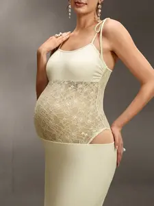 LAFERLIN Pale Yellow Gentle Fresh Long Cami Tunic Ribbon Accent Lace Patchwork Strapless Belly Cutout Front Slit Photo Shoot Y2K Fashion