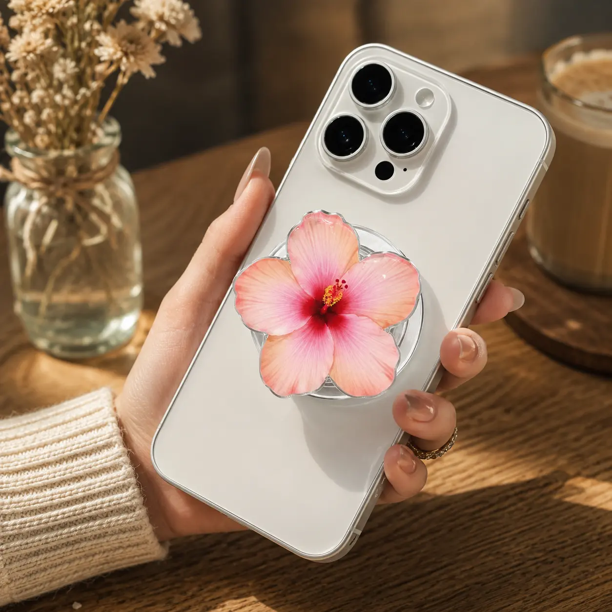 Pink Hibiscus MagSafe Phone Grip, Floral Acrylic Magnetic Holder, Detachable Flower Pop Grip & Phone Stand Accessory