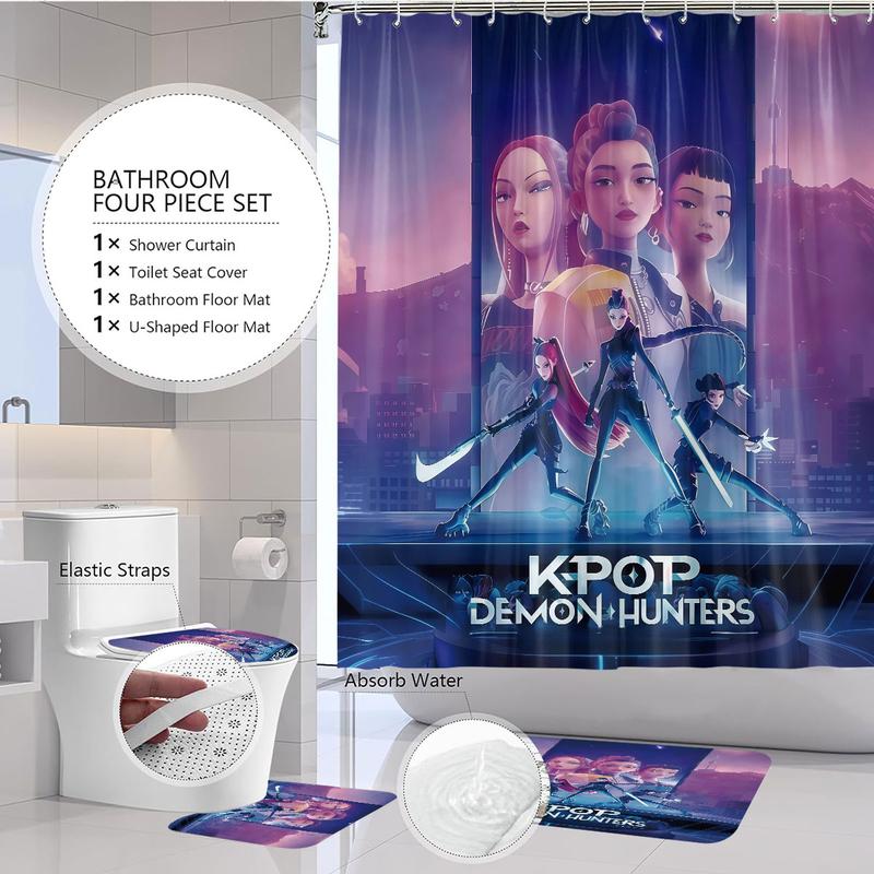 K-Pop Demon Hunters Bathroom Set, Shower Curtain with Hooks, Non-Slip Bath Rug, U-Shaped Toilet Mat, Toilet Lid Cover, Bathroom Decoration Accessories