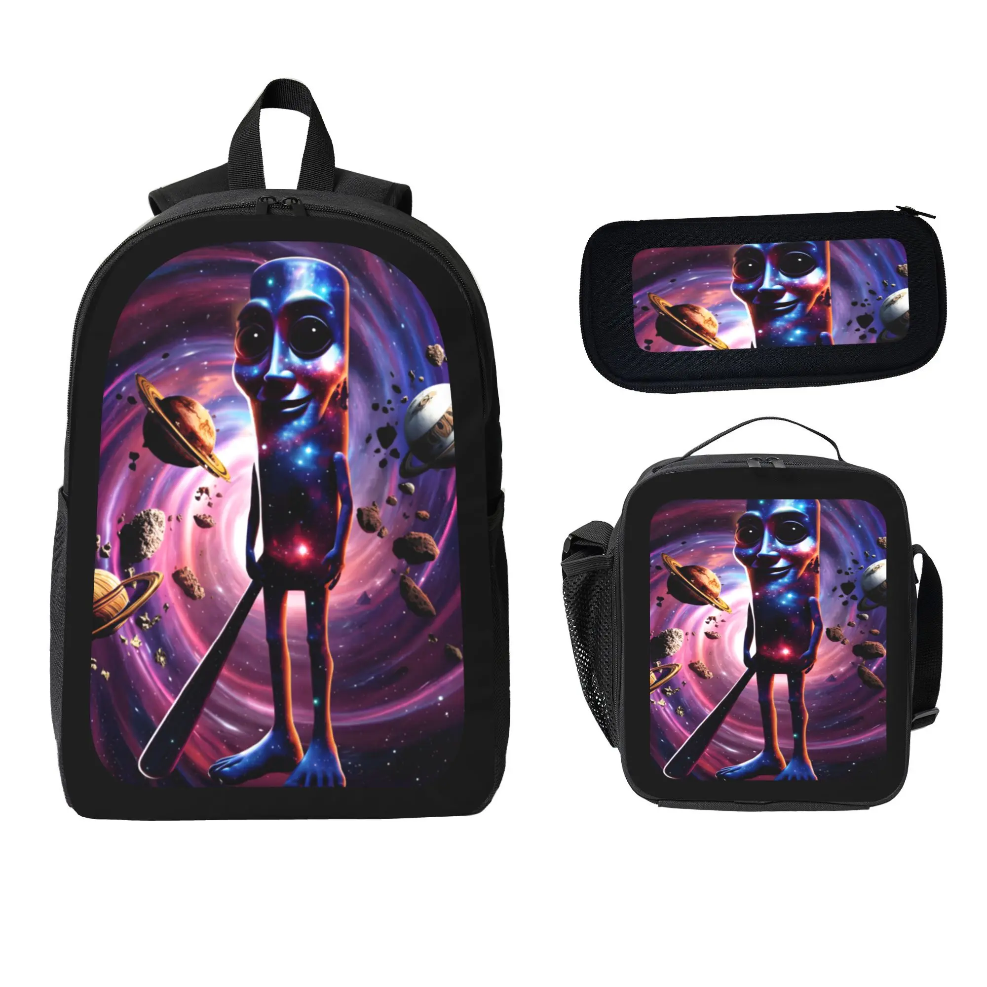 Weird Psychedelic Galaxy Alien 3-in-1 Backpack Bundle, Outer Space Planet Print School Bag Kit, Thermal Cooler Lunch Tote and Stationery Pouch for Middle High School Students