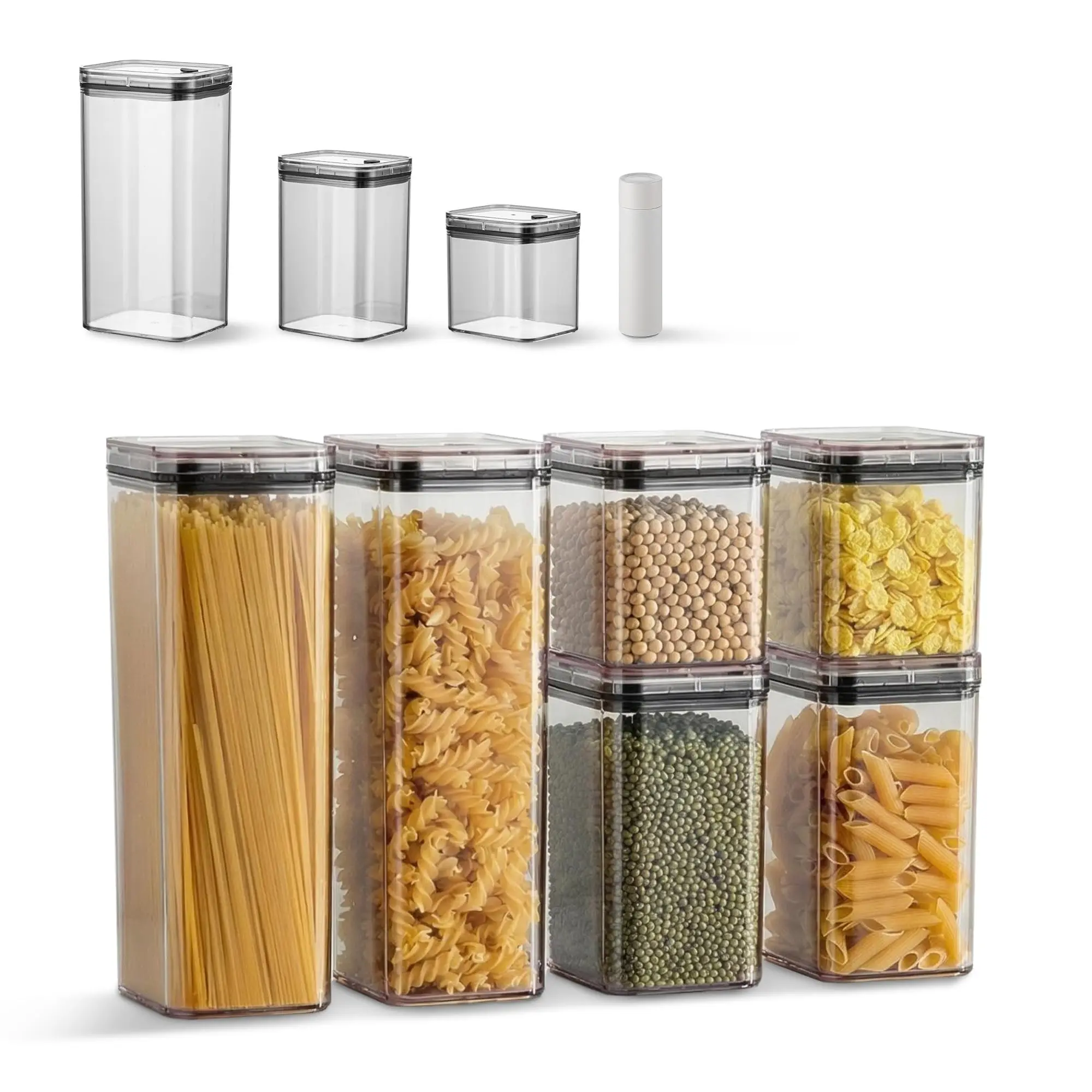 6Pcs Vacuum Seal Jars with Lids, Black, 2x1900ML + 2x1100ML + 2x700ML, 1 Manual Vacuum Pump, AS & Silicone Material, Airtight Food Storage Containers for Kitchen Pantry