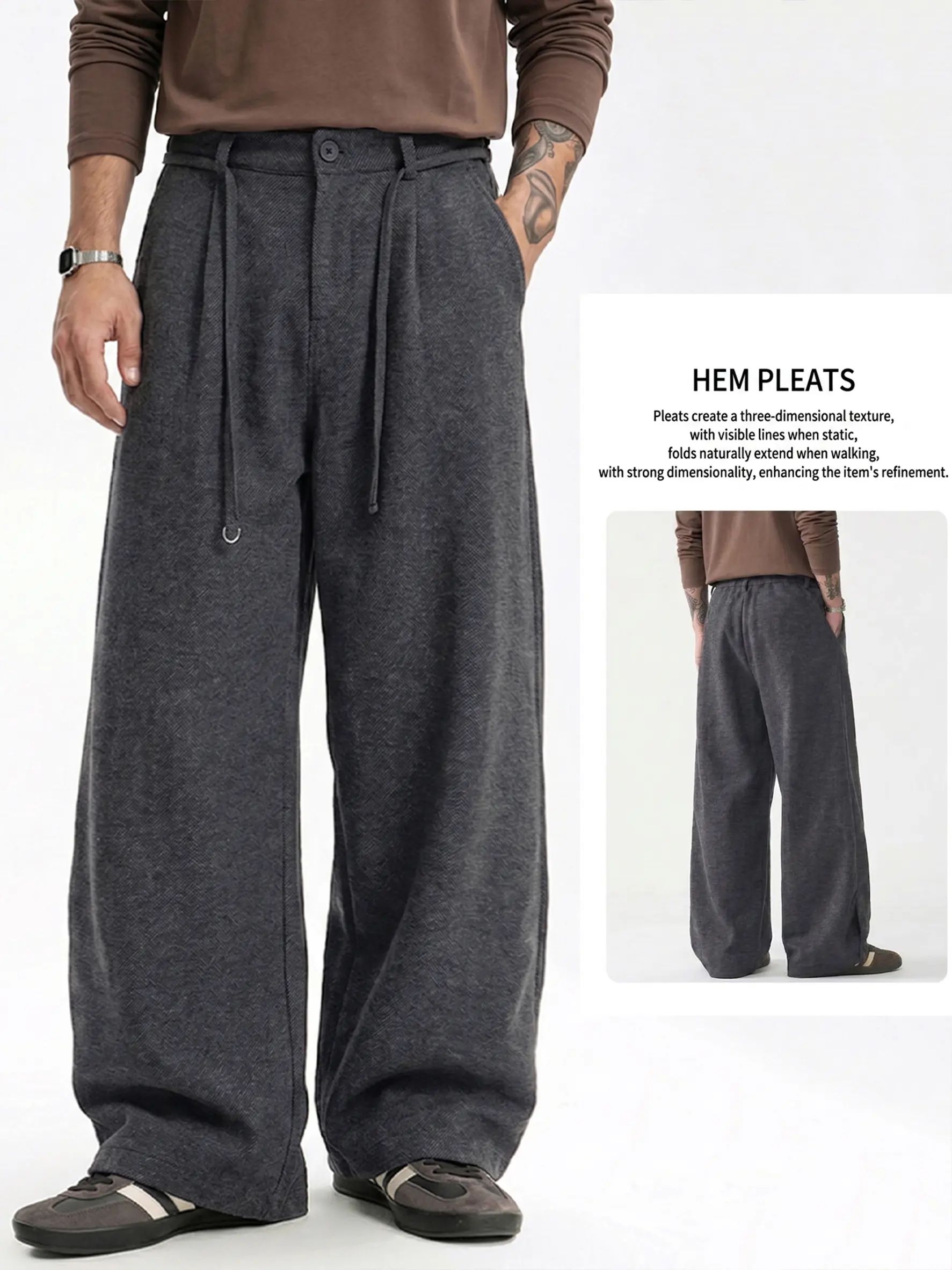 Men’s Herringbone Woven Textured Wide Leg Casual Pants, Button Closure Waist with Thin Drawstring, Pleated Cuff Hem Loose Baggy Trousers, Warm Daily Bottoms for Autumn