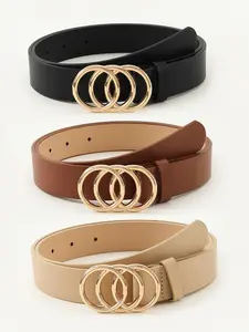 3pcs/set Golden Triple Ring Trendy Versatile Buckle Belts, Solid Color PU Leather, Casual All-Season Waistband, Jeans Pants Belt, Dress Coat Girdle for Women