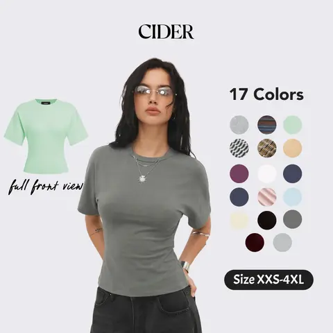 Cider Round Neckline Tee – Stretch Ribbed Women's Office Work Daily Casual Top, Summer Slim Fit Basic Short Sleeve T-Shirt