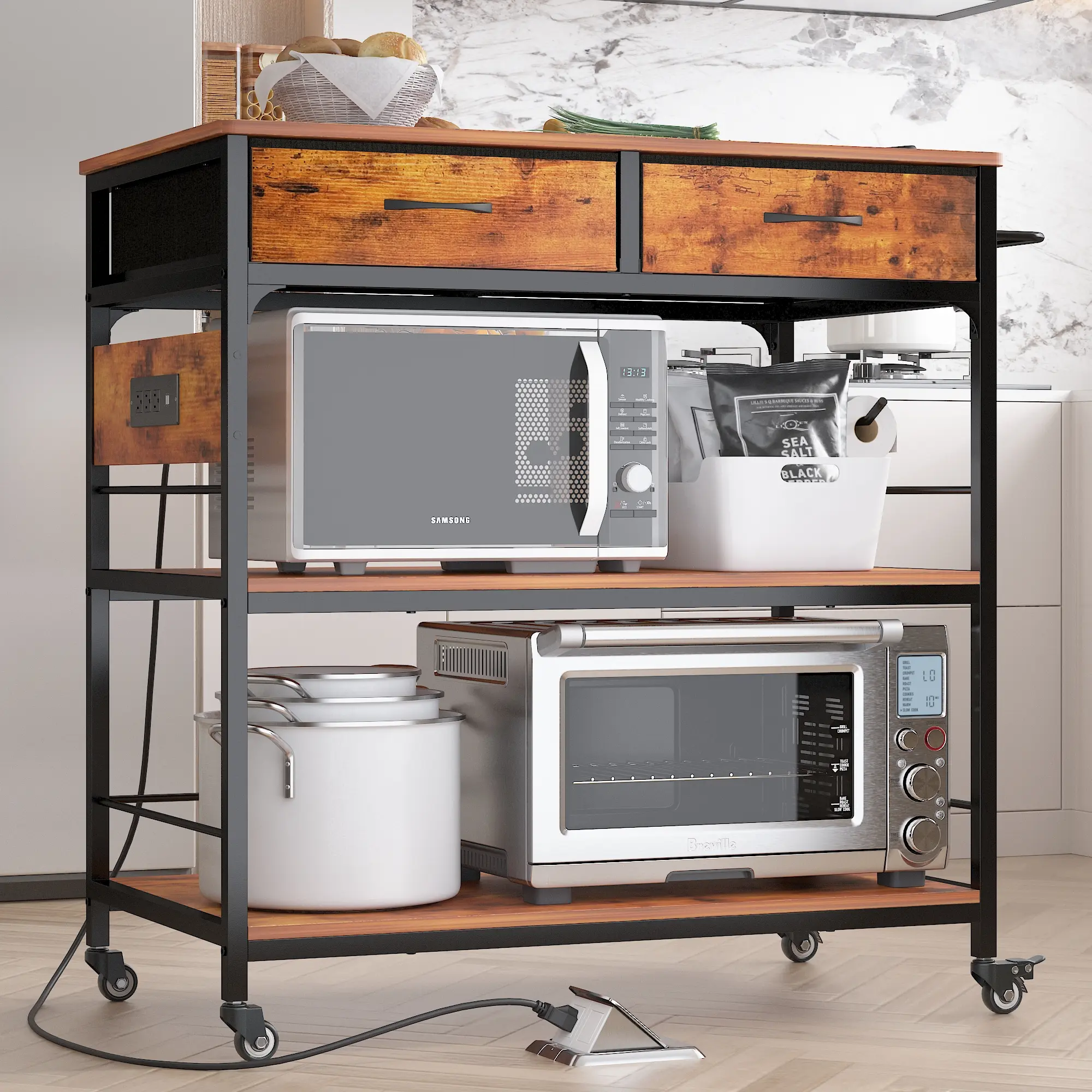 NAIYUFA Movable Kitchen Island Cart with Wheels, Power Outlet, Large Worktop, Microwave Rack, Tableware Organizer & Rolling Side Table