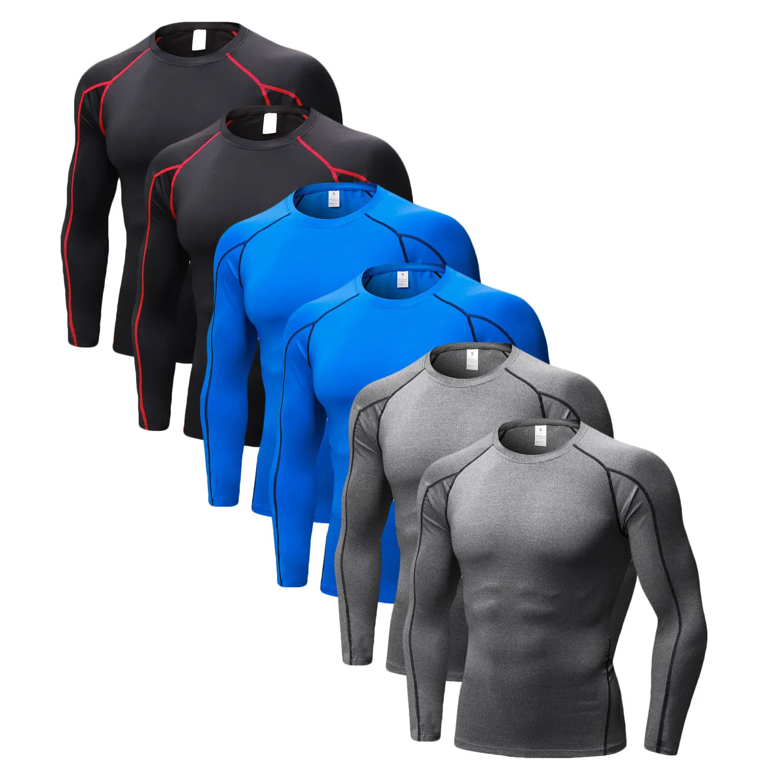 Men's 6-Pack Compression Long Sleeve Baselayer Shirts, Quick-Dry Lightweight Synthetics, Breathable Elastic Polyester Elastane, for Hiking/Light Outdoor, Casual Cycling Activities, Quick-Dry Shirts