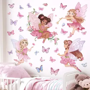 Pink Fairy Girls Wall Stickers Elves Flower Butterfly Peel and Stick Wall Art Decals for Girls Bedroom    Room