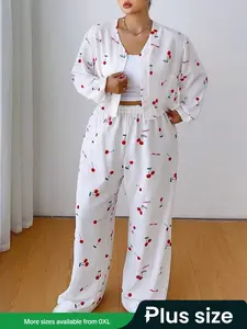 【Plus Size】 Cherry Print Button Front Shirt & Elastic Waist Pants Two-piece Set without Tube Top, Casual Top & Trousers for Daily Wear, Women's Clothes for Spring, Casual Summer Set, Womenswear, Fall outfit