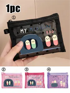 1pc Mini Portable Mesh Medicine Bag Printed With Cartoon Pill Pattern, First Kit Medical Emergency Kits Organizer Outdoor Household Medicine Pill Storage Bag,First Aid Kit Organizer, Emergency Pill Pouch For Travel | Cute Makeup Bag, Cosmetic Pouch, Toile