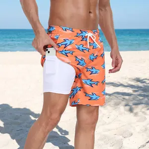 Men's 2-in-1 Swim Trunks with Compression Liner & Phone Pocket - Quick Dry Anti-Chafe Shark Print Boardshorts, Summer Bathing Suit (Big & Tall Available)