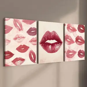 Lip Print Painting, 3 Counts/set Wooden Framed Canvas Wall Art, Fashion Art Poster, Perfect Home Decor, Room Mural, Office, Living Room, Bedroom Wall Decor, Ornaments