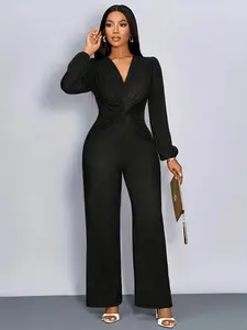Women's Fashion New Casual One-Piece Long Sleeve Fitted Jumpsuit, Pure Color Stylish Elegant Comfortable All-Match, European and American Style Clothing Womenswear