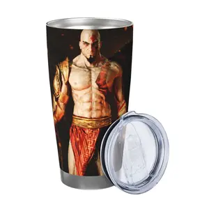 God of War Printed Stainless Steel Vacuum Flask - Stylish Reusable Double-Wall Skinny Tumbler with Splash-Resistant Lid, Ideal for Work From Home
