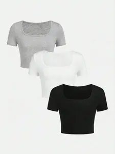 Women's Plain Short Sleeve Crop Tee, Casual Square Neck T-shirt for Summer, Women's Top for Daily Wear, Cute Tops