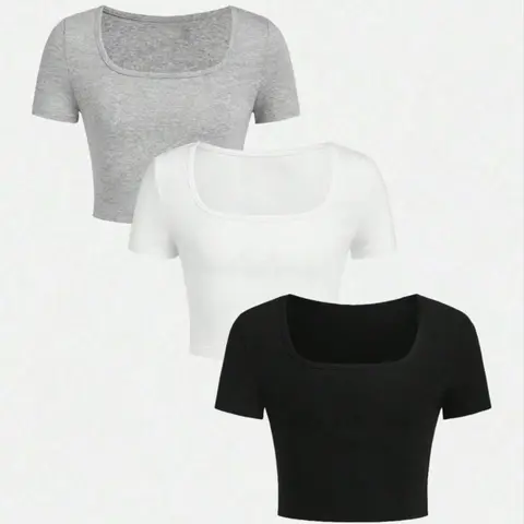 Women's Plain Short Sleeve Crop Tee, Casual Square Neck T-shirt for Summer, Women's Top for Daily Wear, Cute Tops, Everyday