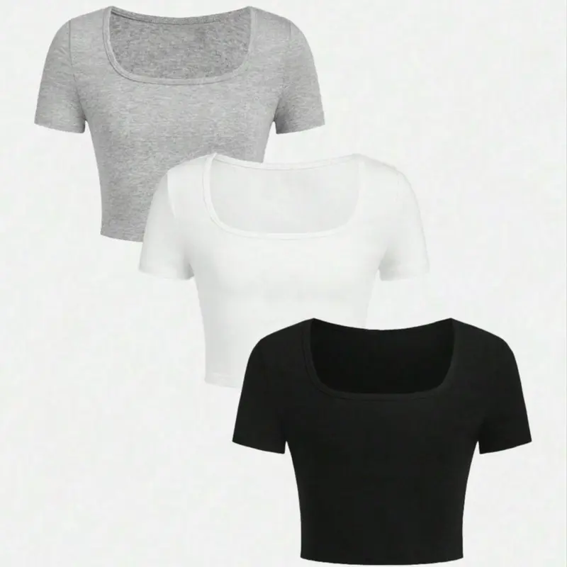 Women's Plain Short Sleeve Crop Tee, Casual Square Neck T-shirt for Summer, Women's Top for Daily Wear, Cute Tops, Everyday