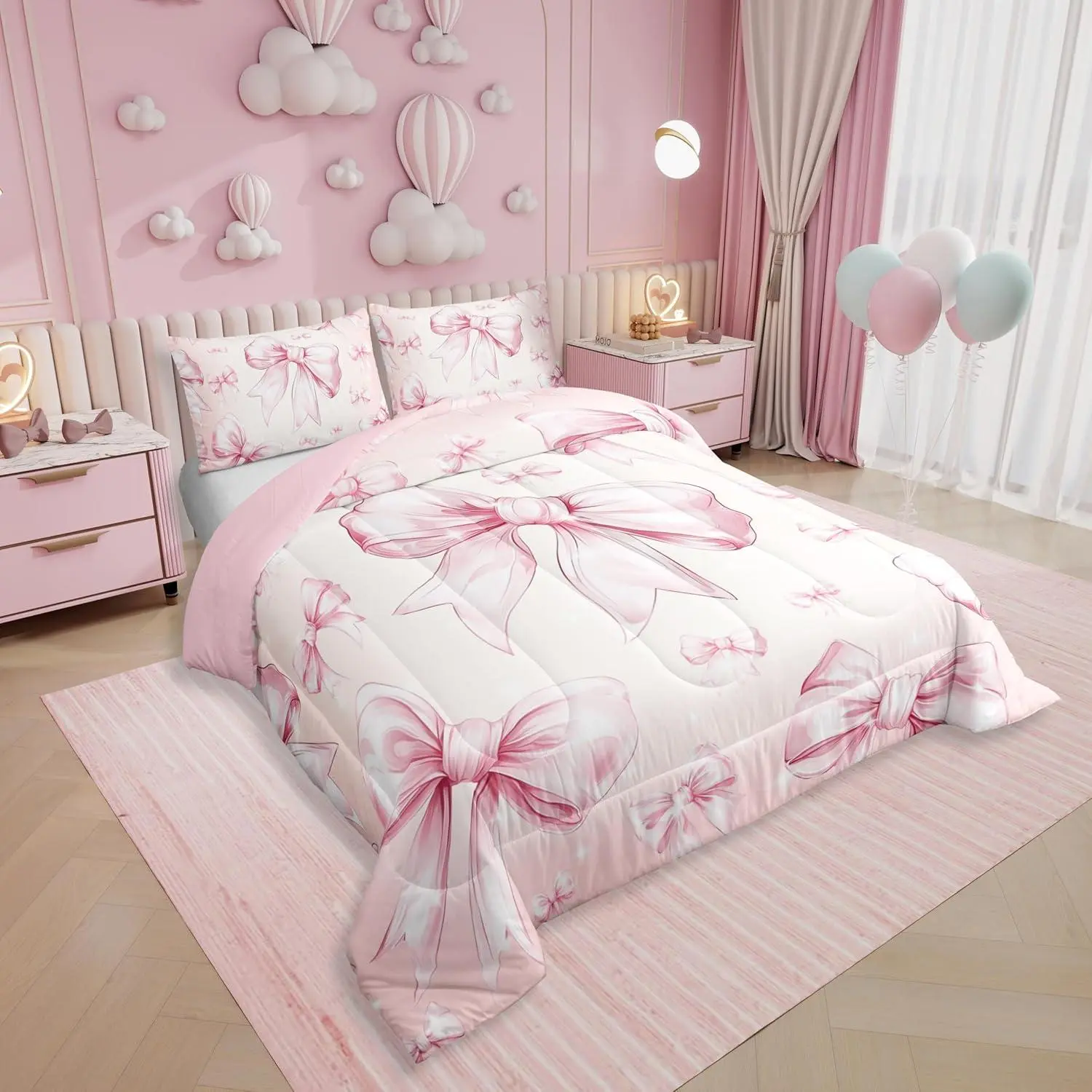 Pink Bow Girls Bedding Set,Kawaii Bowknot Comforter Set for Kids Teen Women Bedroom Decor,Glitter Bow Bedding Comforter Set,Dreamy Princess Bowknot Quilt Duvet