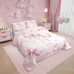 Pink Bow Girls Bedding Set,Kawaii Bowknot Comforter Set for Kids Teen Women Bedroom Decor,Glitter Bow Bedding Comforter Set,Dreamy Princess Bowknot Quilt Duvet