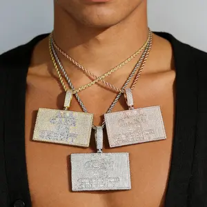 Iced Out Cash Money Pendant for Men Women, Silver CZ Hip Hop Money Bag Rectangle Charm for Chain, Bling Rap Statement Necklace Jewelry Streetwear Gift
