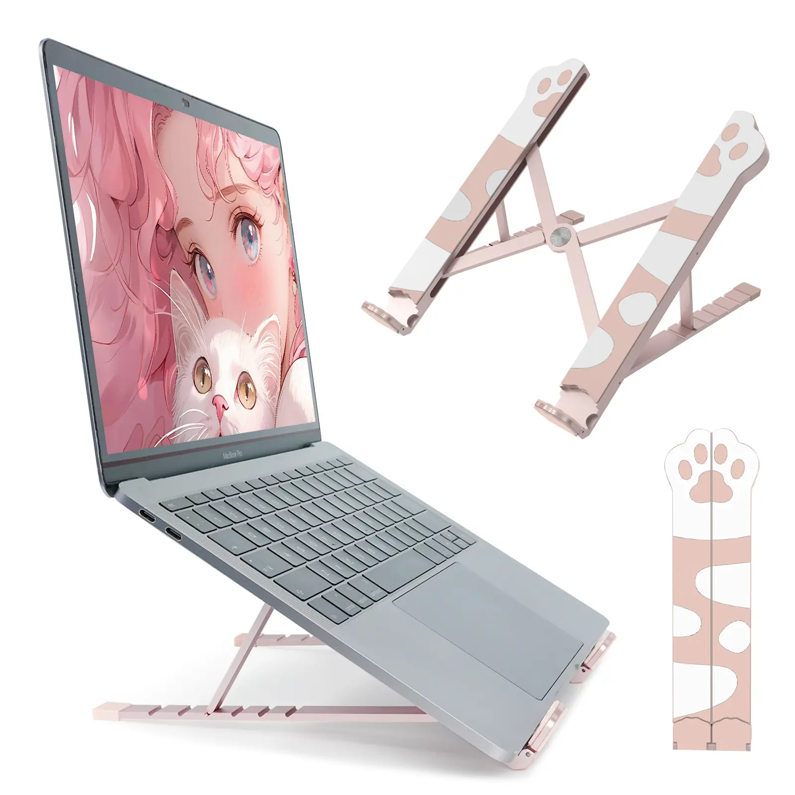 Adjustable Portable Foldable Non - Slip Lightweight Durable Aluminum Laptop Stand for 16” Laptops and iPad, Pink Cat Paw Design, Ideal for Home Office Use