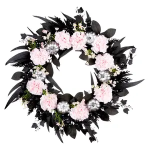 26 in. Halloween Pretty Morbid Pink Carnation Wreath with Silver Pumpkins