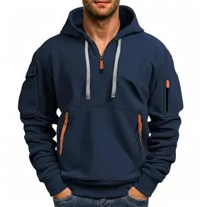 Men's Plain Long Sleeve Hooded Jacket - Full-Zip Front Closure, Stylish Menswear Sportswear, Machine-Washable Autumn-Winter Outerwear for Gym, Casual Occasions