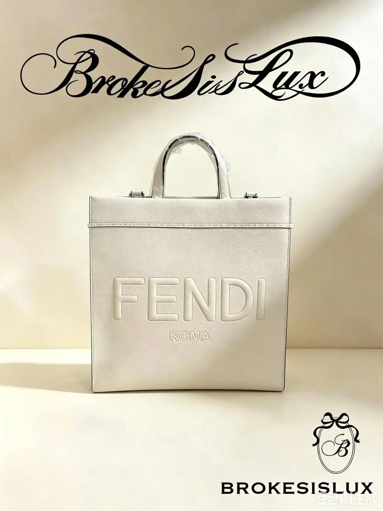 Pre-owned FENDI Roma Off White Large Vertical Shopper Tote | Embossed ROMA Letter Logo, Leather Top Handles