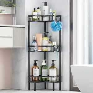 3 Tier Standing Shower Caddy Corner, Rustproof Metal Bathroom Organizer Shelf, L-Shaped Floor Storage Rack with Hooks, No Drill Shower Corner Shelf for 90° Corners, Stable Non-Tipping Design