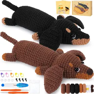 Crochet Kit for Beginners - 2 Count Dachshund Crochet Kit with Step-by-Step Video Tutorials, Brown & Black, Set for Adults