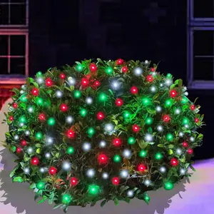 Christmas Net Lights Outdoor for Bushes in Red White Green, 5x5 ft Mesh with 100 LEDs on Green Wire, Connectable Waterproof Shrub and Yard Net Lighting for Holiday, Party, Wedding, Tree, and Home Décor with Durable UL-Certified Construction