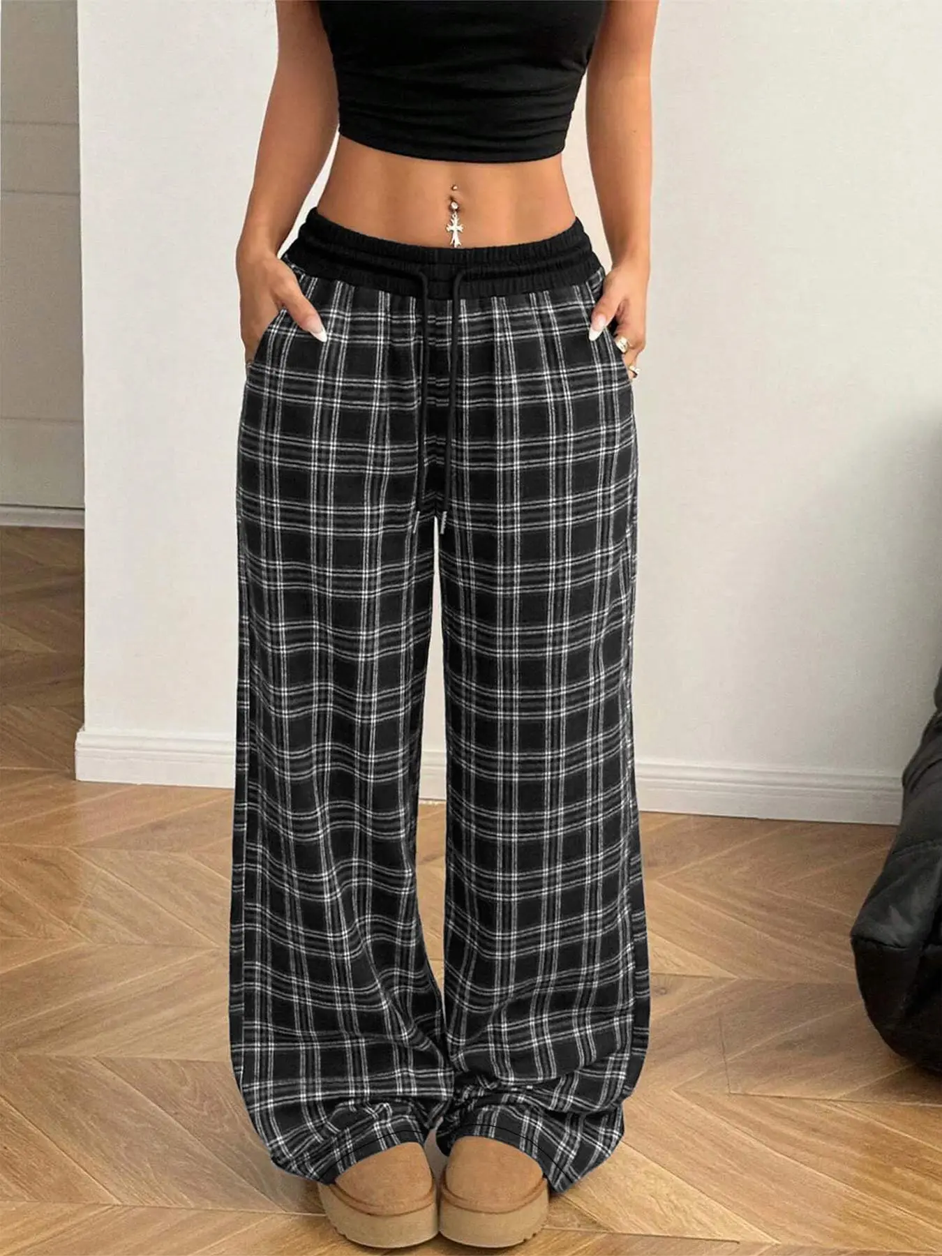 Women's Plaid Print Wide Leg Sweatpants, Casual Comfy Trousers for Spring & Fall, Fashion Women's Bottoms for Daily Wear, Casual Lounge Pant