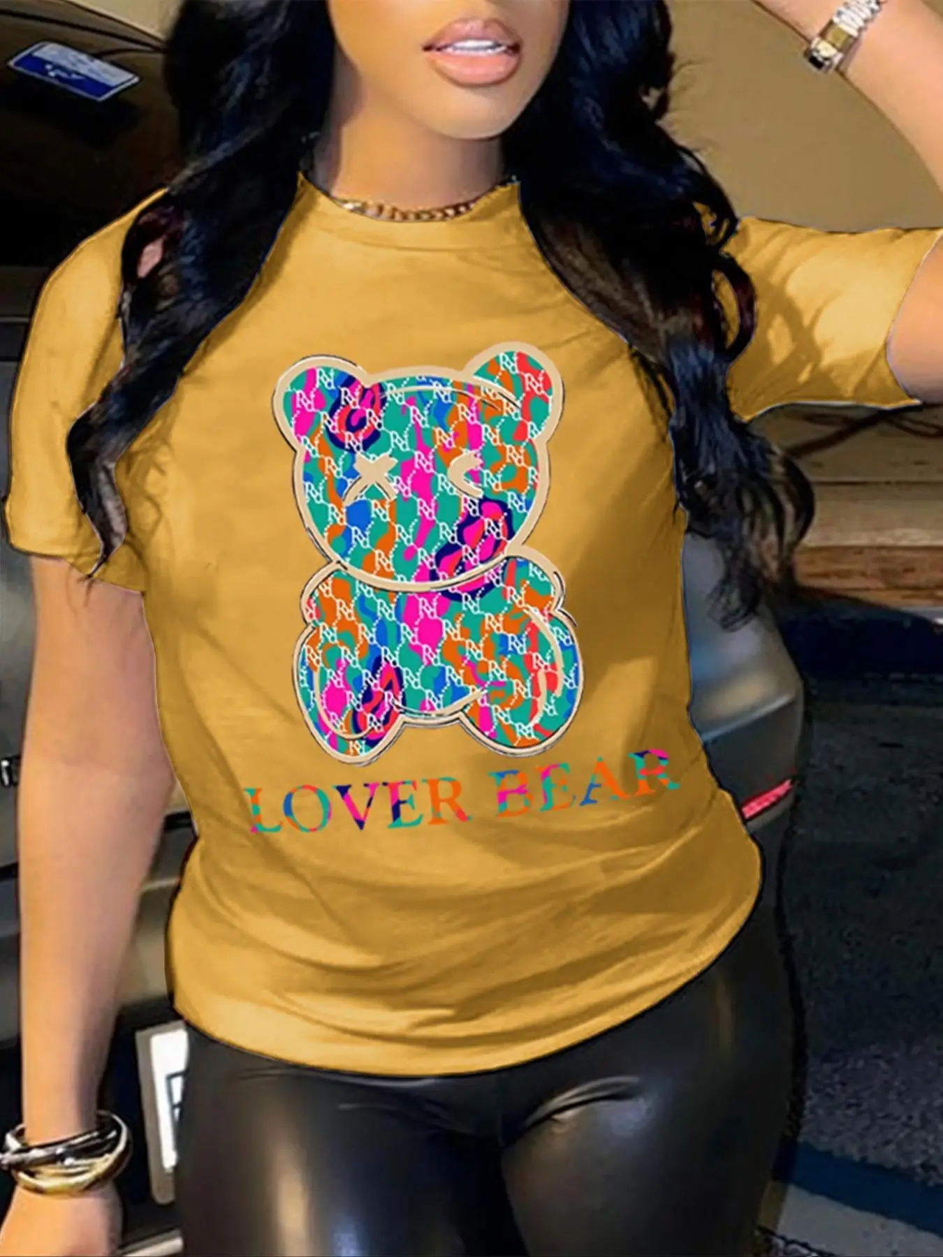 Women's Cartoon Bear & Letter Print Round Neck Graphic Tees, Comfort Shortsleeve Womenswear, T Shirts for Women, Casual Short Sleeve T-shirt, Summer O