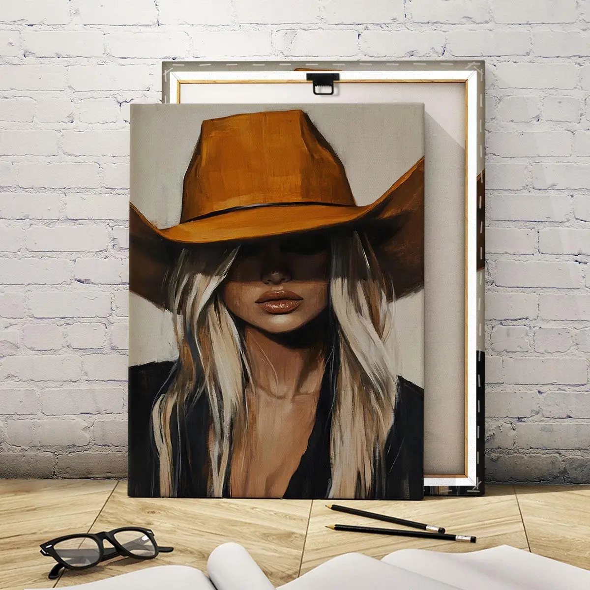 Cowboy Hat Pattern Canvas Painting with Frame, Modern Art Print, Wall Art Decor for Home Living Room Bedroom Office, Ornaments, Wood Wall Art
