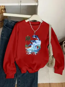 Women's Iridescent Dolphin Bay Graphic Sweatshirt, Casual Fitted Round Neck Top, Fall & Winter Fashion, Cartoon Pattern