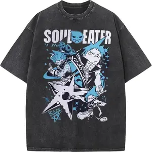 Valentine Shirts Japan Anime Soul Eater Black Star Print Vintage Washed T Shirt Casual Loose Harajuku Manga Retro Streetwear Short Sleeve Unisex Tee for Men Women