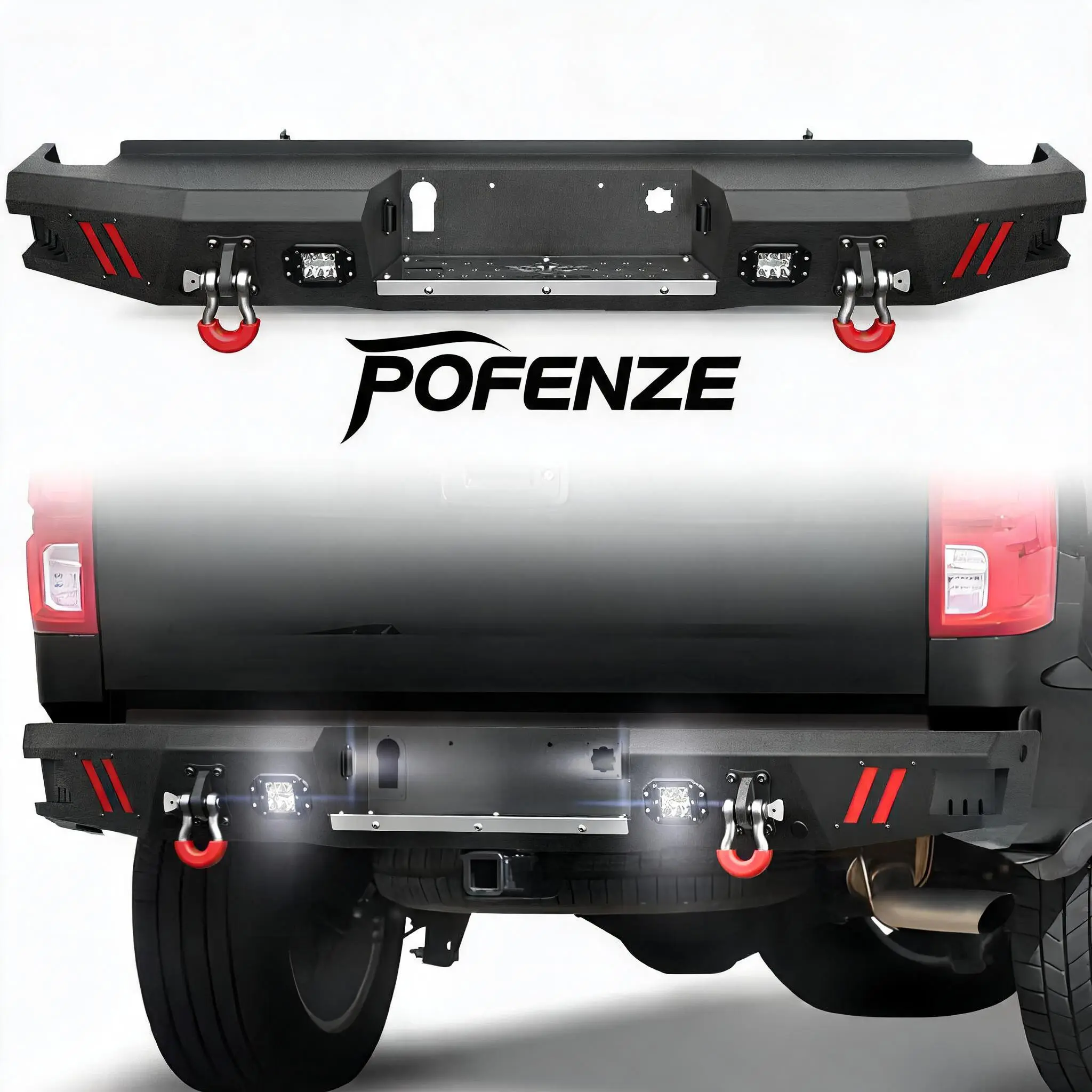 POFENZE-NADIA Silverado Rear Bumper for 2014-2018 Chevy Silverado/GMC Sierra 1500 | Textured Black Pickup Truck Bumper with Parking Sensor Holes, Step Plate, Lights and D-rings