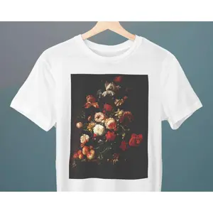 Men's floral and fruit artwork Graphic T-Shirt - Short Sleeve Crew Neck Regular Fit Casual Wear | Soft & Breathable Fabric, Durable Print, Everyday Comfort, Machine Washable, classical still life painting a detailed arrangement of flowers and fruits on a