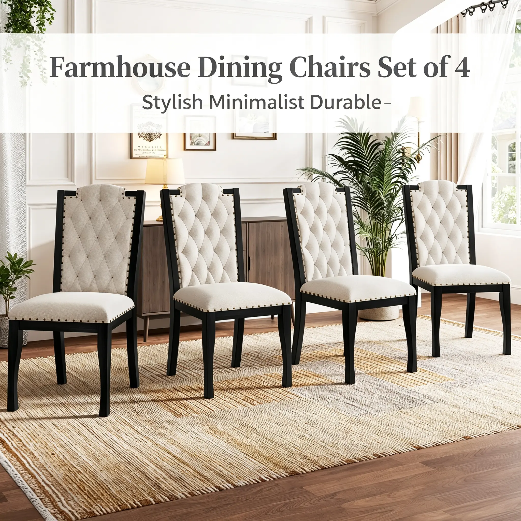Upholstered Dining Chairs Set of 4 – High Back Button Tufted Kitchen Chairs with Solid Wood Legs & Nailhead Trims – Beige/Black for Dining Room Living Space ergonomic backrest fabric seating