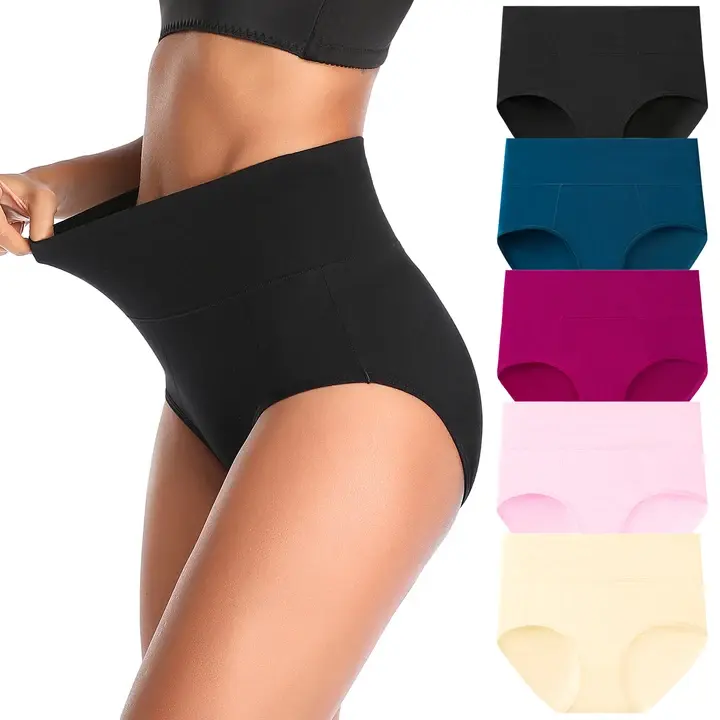 Women High Waisted Cotton Underwear Full Coverage Breathable Stretchy Postpartum Recovery Briefs Multi Packs, Comfy, Flat