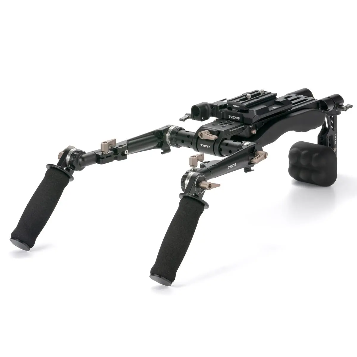Tiltaing Lightweight Black Camera Shoulder Rig with Pad, Adjustable Cable Management, Cross-Design Support, Handheld Compatibility, Universal Mount, Compact Folding, Handle, Rear Accessories Compatibility
