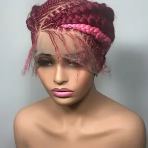 Burgundy and pink cornrow rolled braided full lace glueless wig