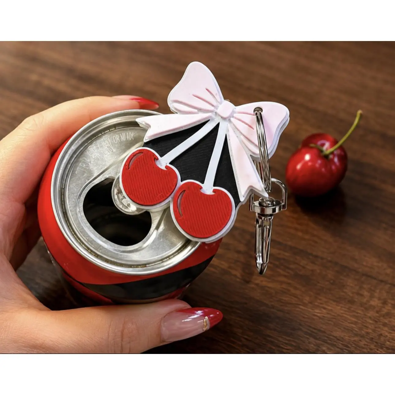 Cherry Bow Can Opener Keychain  - Adorable Design with Red Cherries and White Bow, Perfect for Opening Cans