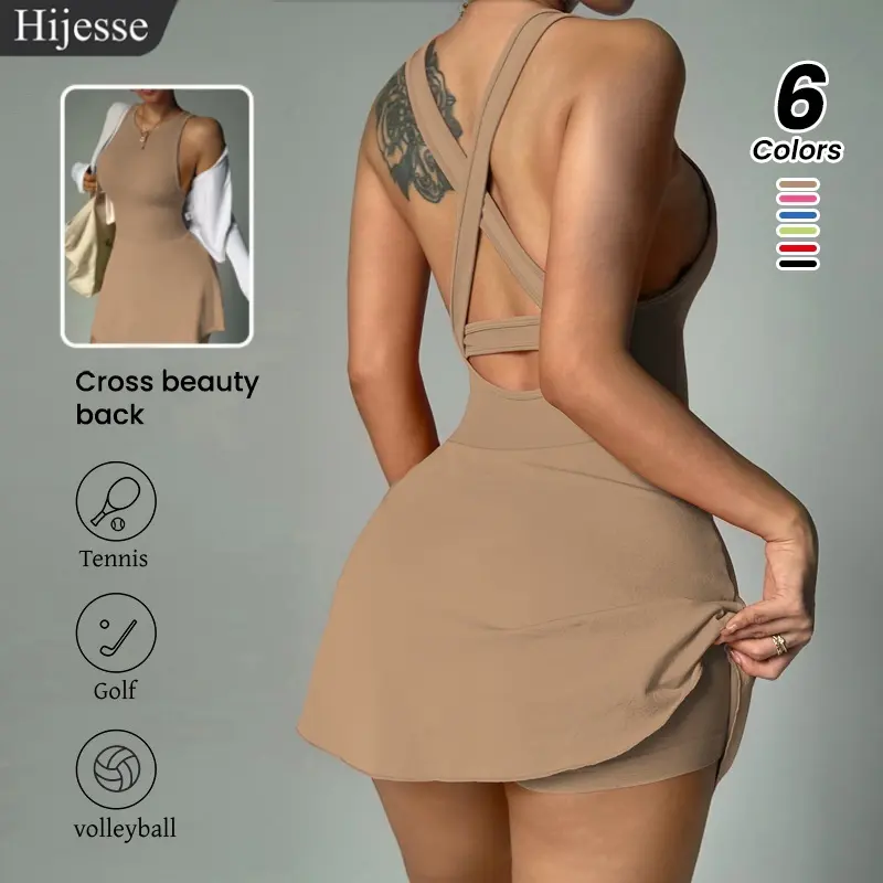 Hijesse Women's High Elastic Cross Back Sports Dress with Built-in Shorts, Ideal for Tennis, Golf, Gym Workouts & Daily Wear - Khaki Multi-Color