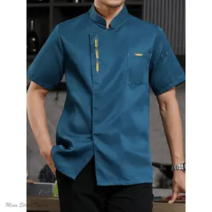 Men's Black Chef Uniform - Short Sleeve, Breathable, Quick-Dry, Golden Embroidery, Side Pockets for Kitchen Service