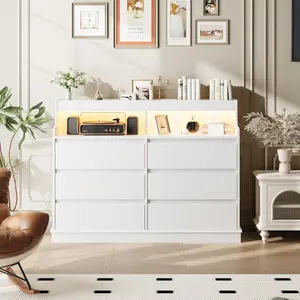 GARVEE Explore the GARVEE Collection: A Chic TV Stand for 55-Inch TVs and a Modern 6-Drawer Dresser with LED Lights and Charging Station, Ideal for Stylish Living Room or Bedroom Storage Solutions.
